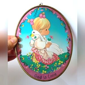 Vintage Precious Moments Stained Glass Suncatcher Girl Collectible Oval Wall Art